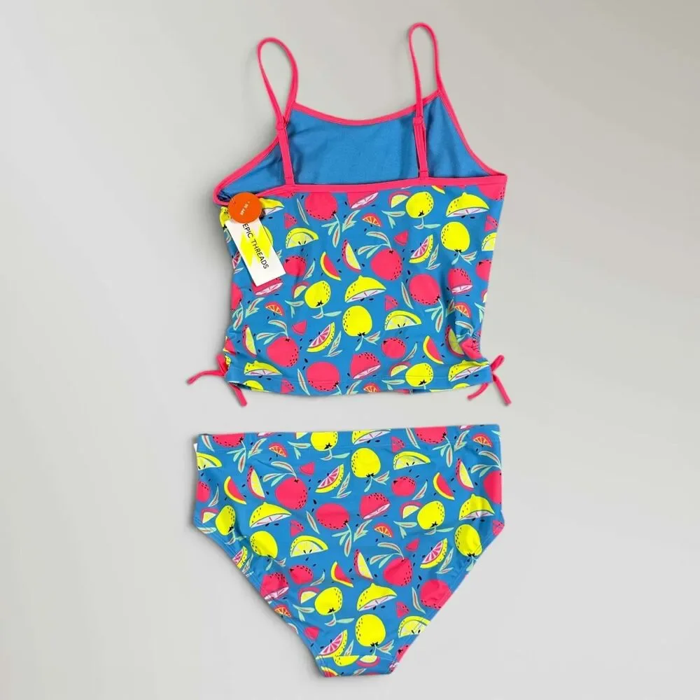 NWT Epic Threads Tankini 2 Piece Swimsuit Vivid Sky Blue Fruit Size Girl's XL